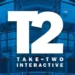 لوگوی سفید بزرگ T2 و نوشته Take-Two Interactive روی پس‌زمینه‌ای آبی با ظاهر شیشه‌ای و هندسی، شبیه هویت بصری شرکت.