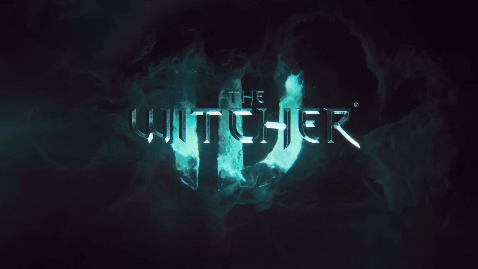 لوگوی The Witcher درخشان با رنگ فیروزه‌ای روی Witcher درخشان با رنگ فیروزه‌ای روی پس‌زمینه‌ای تاریک نور آبی.