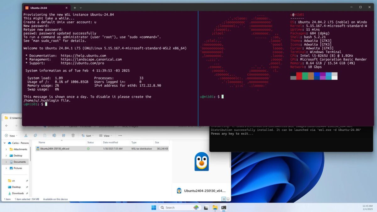 اسکرینشات Windows 11 که نصب Ubuntu 24.04 از طریق WSL را نشان میدهد؛ دو پنجره ترمینال Ubuntu و پنجره File Explorer در پسزمینه باز هستند و فایل توزیع WSL و لوگوی پنگوئن لینوکس دیده میشود.