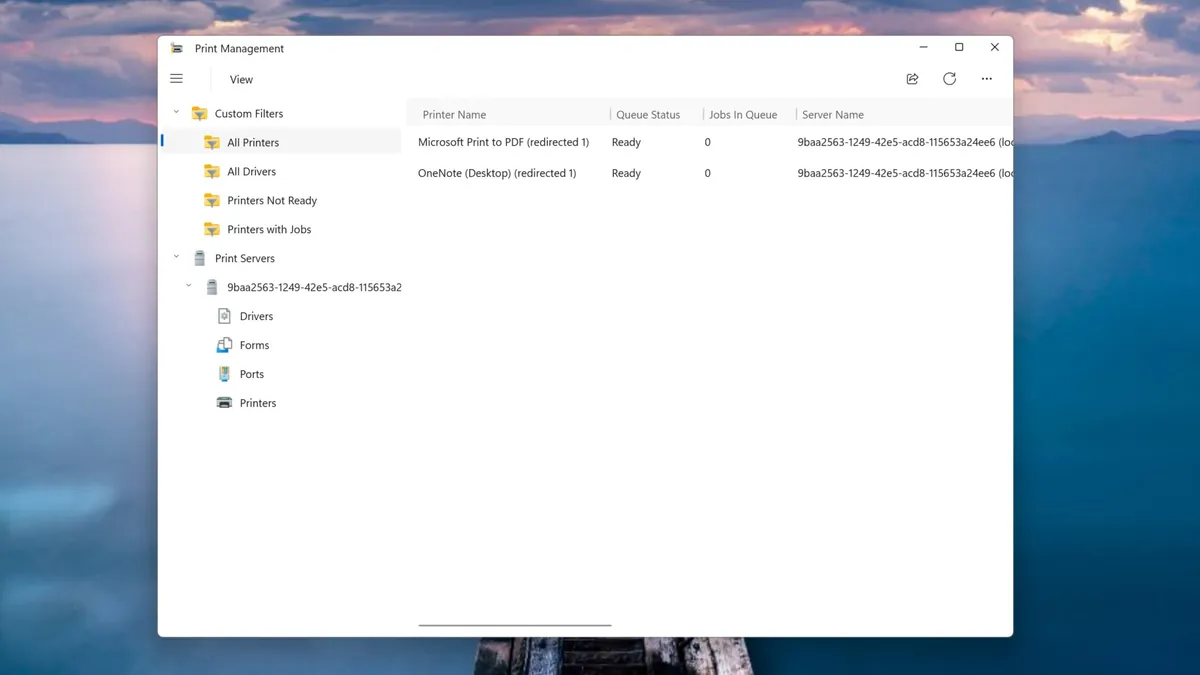 پنجره Print Management در ویندوز ۱۱ با فهرست چاپگرهای Microsoft Print to PDF و OneNote و بخشهای مربوط به درایورها، فرمها، پورتها و چاپگرهای سرور.