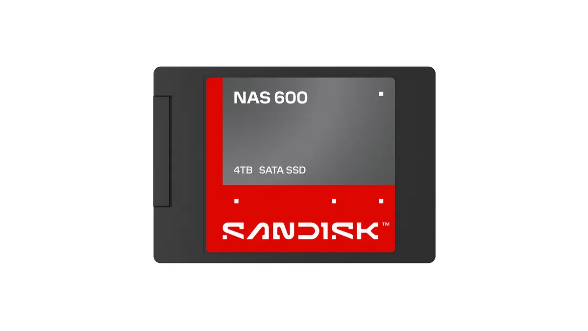 تصویر محصول حافظه SSD مدل SanDisk NAS 600 با ظرفیت ۴ ترابایت و رابط SATA، درون بدنه مشکی مستطیلی روی پسزمینه سفید.