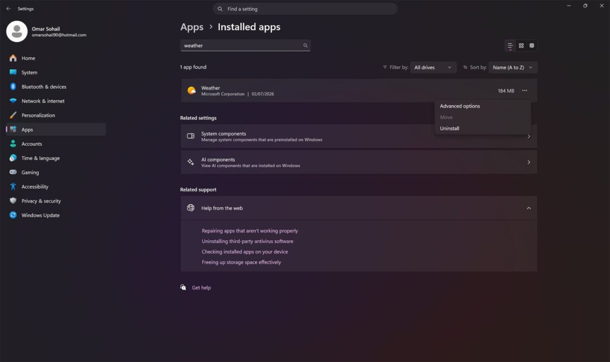 منوی تنظیمات ویندوز ۱۱ در بخش Apps با سه نقطه بازشده برنامه Weather و انتخاب گزینه Advanced options