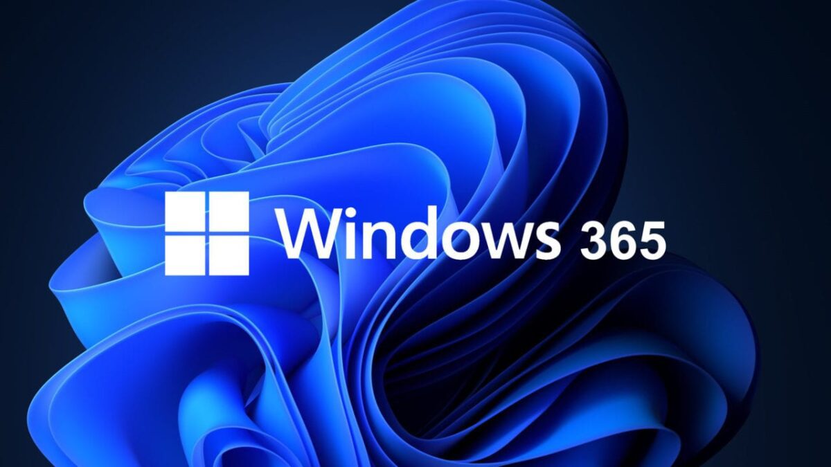 پسزمینهای آبی با موجهای انتزاعی ویندوز 11 که لوگو و متن Windows 365 در مرکز تصویر دیده میشود.