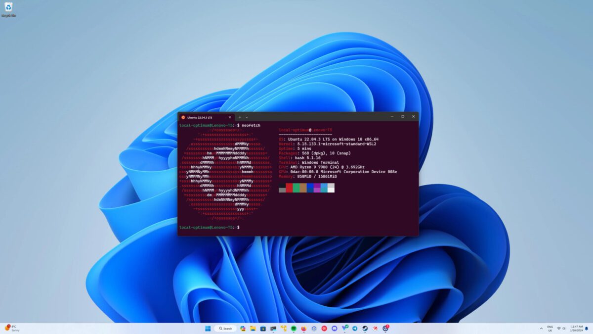 دسکتاپ Windows 11 با یک پنجره Windows Terminal در مرکز که Ubuntu 22.04.3 LTS را در WSL اجرا میکند و خروجی neofetch شامل لوگوی اوبونتو، مشخصات سیستم و نوار رنگی نمایش داده شده است.