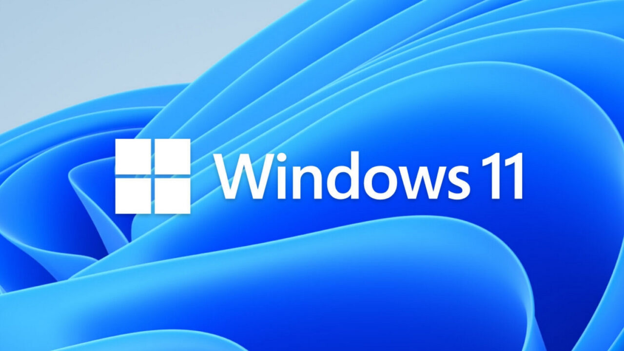 لوگوی Windows 11 روی پسزمینهای آبی با موجهای انتزاعی ویندوز.