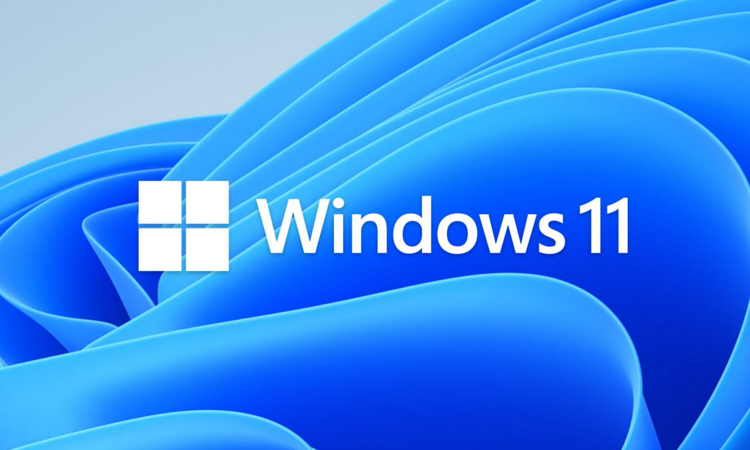 لوگوی Windows 11 روی پسزمینهای آبی با موجهای انتزاعی ویندوز.