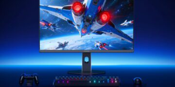 مانیتور گیمینگ شیائومی G25i در یک میز بازی، نمایش صحنهای از نبرد فضایی روی صفحه و قرارگیری کنترلر، کیبورد RGB و ماوس در اطراف آن.