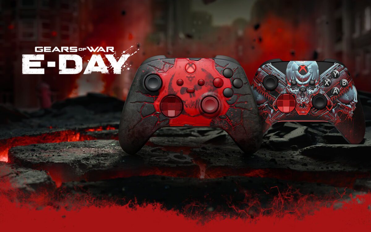 دو کنترلر ایکس‌باکس با طراحی ویژه Gears of War: E-Day روی زمینه‌ای سنگی و گدازه‌ای؛ کنترلر سمت چپ دارای بدنه مشکی با طرح‌های قرمزِ ترک‌خورده و جمجمه محو، و کنترلر سمت راست دارای طرح گرافیکی دقیق‌تر از یک جمجمه با جزئیات فنی و رنگ‌بندی قرمز و طوسی. در گوشه بالا سمت چپ لوگوی بازی دیده می‌شود.