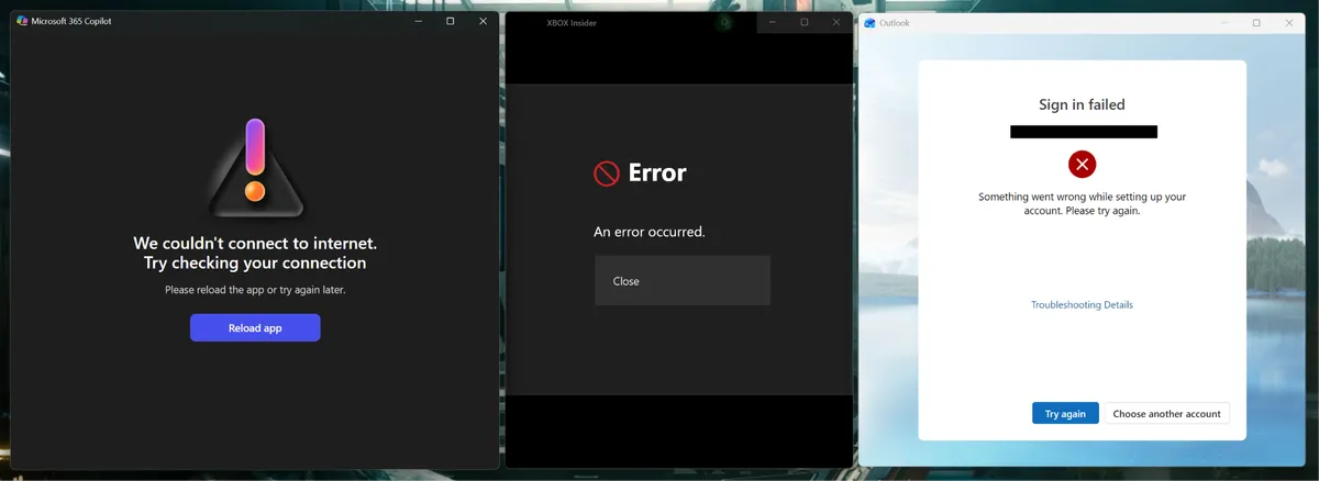 تصویر ارور در ورود حساب کاربری در پنجرههای کوپایلت، ایکس باکس اینسایدر و Outlook