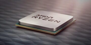 تصویر تبلیغاتی پردازنده AMD Ryzen با پوشش فلزی نقرهای روی یک سطح تیره با الگوی هندسی.