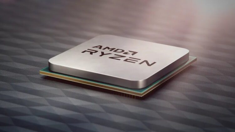 تصویر تبلیغاتی پردازنده AMD Ryzen با پوشش فلزی نقرهای روی یک سطح تیره با الگوی هندسی.