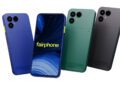 : نمای جلو و پشت گوشی Fairphone 6+ در رنگ‌های آبی، سبز و مشکی با طراحی ماژولار و دوربین‌های پشتی.