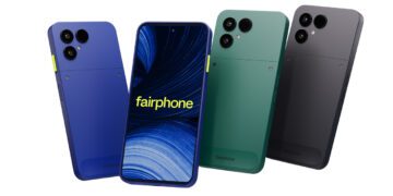 : نمای جلو و پشت گوشی Fairphone 6+ در رنگهای آبی، سبز و مشکی با طراحی ماژولار و دوربینهای پشتی.