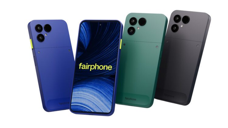 : نمای جلو و پشت گوشی Fairphone 6+ در رنگهای آبی، سبز و مشکی با طراحی ماژولار و دوربینهای پشتی.