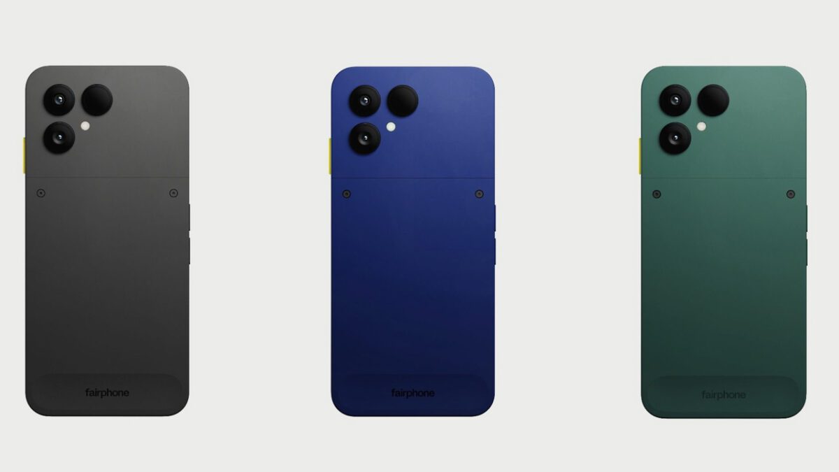 مای پشت Fairphone 6+ در سه رنگ مشکی، آبی و سبز با طراحی تعمیرپذیر و ماژول دوربین دوگانه.