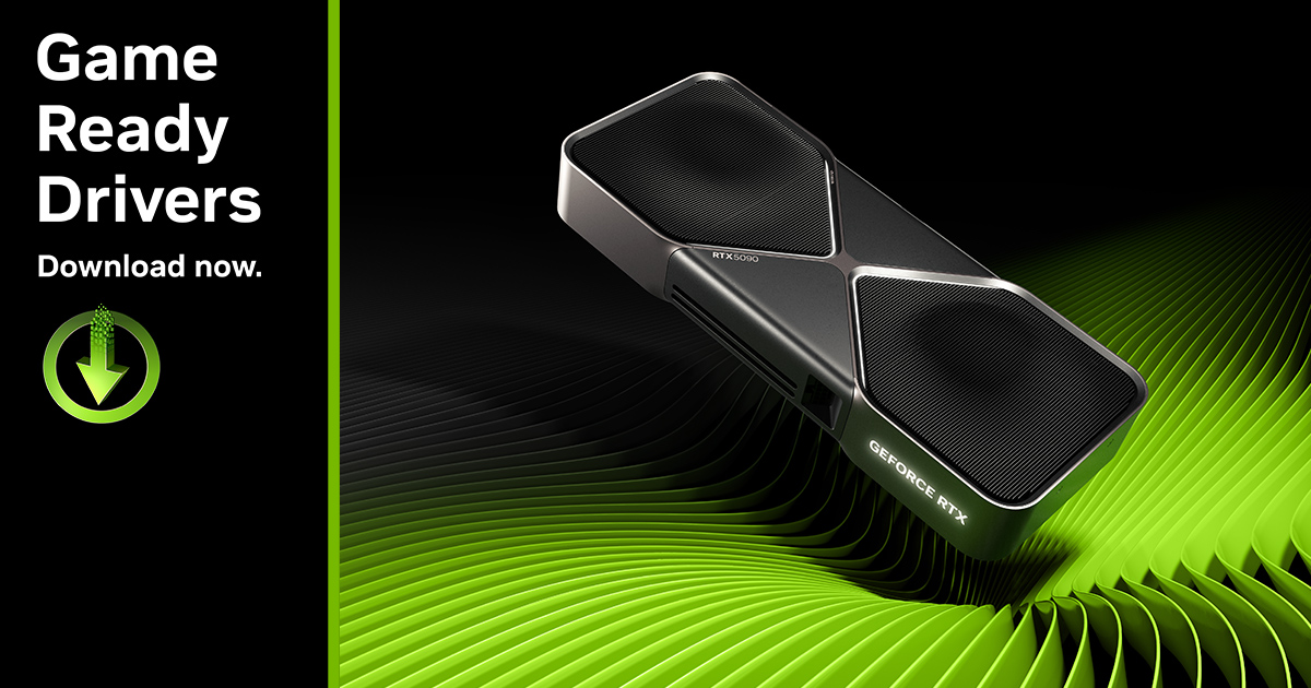 کارت گرافیک انویدیا GeForce RTX، شامل عبارت «Game Ready Drivers» و دکمه دانلود در سمت چپ، در پس‌زمینه‌ای سیاه و سبز با الگوی موج‌دار.
