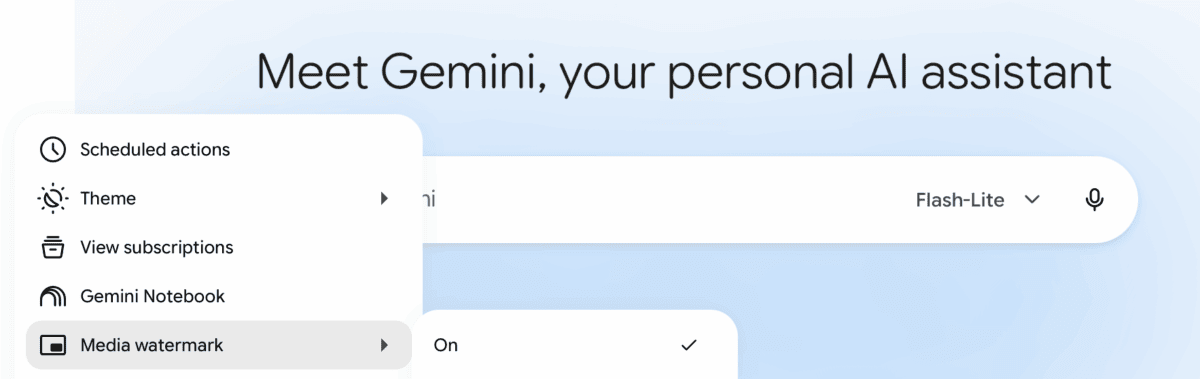 اسکرینشات از منوی تنظیمات Gemini که در آن گزینههایی مثل Scheduled actions و Theme دیده میشود و نشانگر ماوس روی گزینه Media watermark قرار دارد که وضعیت آن در کادری کوچک روی “On” تنظیم شده است. در بالای تصویر عبارت “Meet Gemini, your personal AI assistant” درج شده است.
