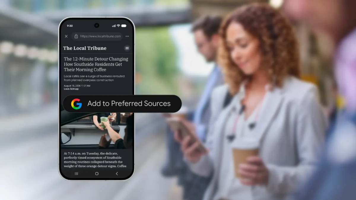 نمایش دکمه «Add to Preferred Sources» گوگل روی صفحه یک وبسایت خبری در گوشی هوشمند
