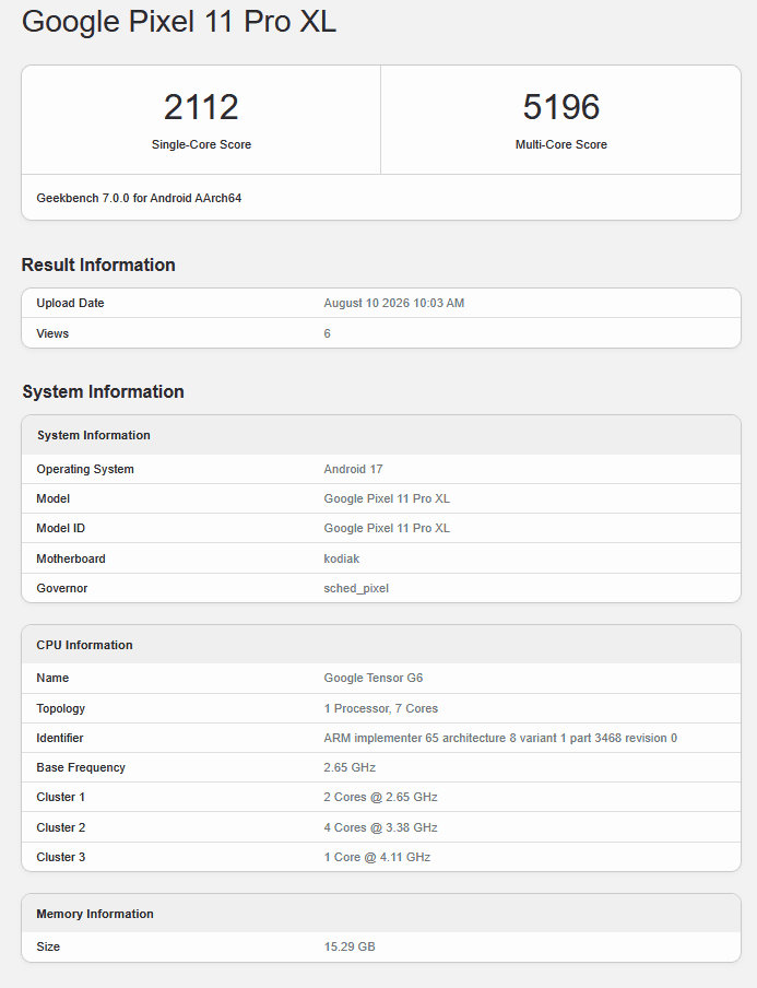 اسکرینشات از نتایج بنچمارک Geekbench 7 برای گوشی Google Pixel 11 Pro XL با تراشه Tensor G6 و اندروید ۱۷