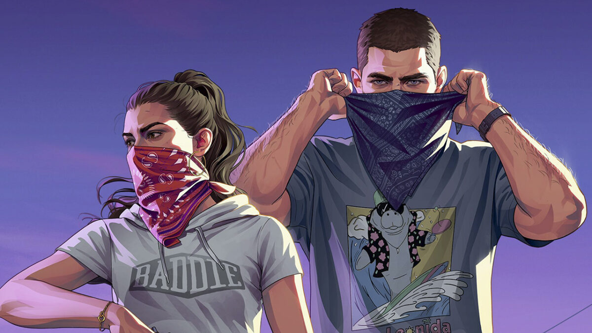 تصویر هنری شخصیتهای اصلی GTA 6 با پوشاندن صورت خود با دستمال، در نمای تبلیغاتی بازی Grand Theft Auto VI