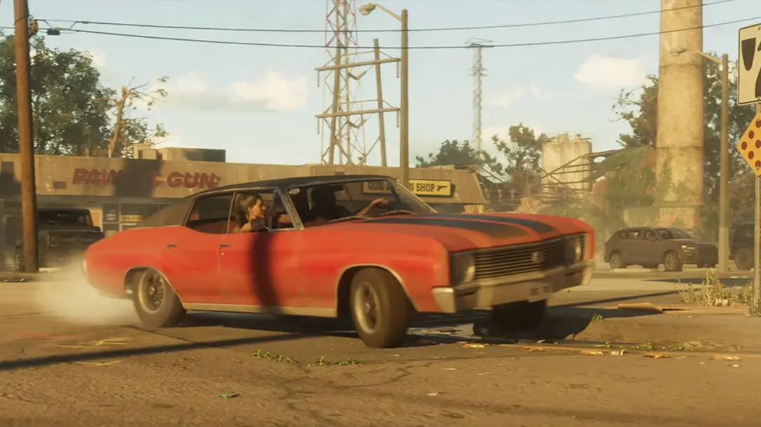 صحنهای از بازی GTA 6 با دریفت و تیکآف خودروی عضلانی قرمز و مشکی با دود لاستیک در خیابان در نور روز با حضور شخصیتهای بازی درون ماشین.