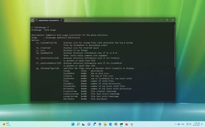 پنجرهی Windows Terminal با دستور DiskUsage روی پسزمینهی سبز و آبی ویندوز ۱۱، همراه با نوار وظیفه در پایین صفحه.