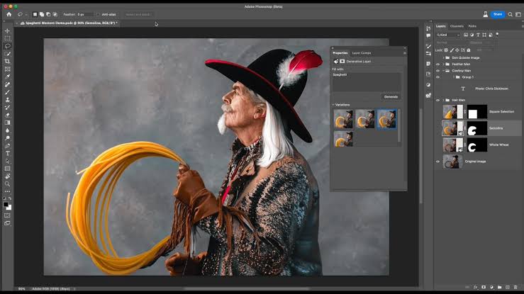 نمایی از Adobe Photoshop که تصویر پیرمردی با موهای بلند، کلاه مشکی تزئینشده با پر قرمز و طناب زرد را نشان میدهد. پنل Properties و گزینههای تولید نسخههای مختلف تصویر در سمت راست دیده میشود.