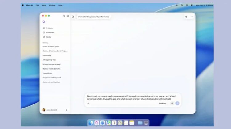 رابط کاربری دسکتاپ Meta AI روی مک، با فهرست تاریخچه گفتگوها، کادر نوشتن پرسش و نوار برنامهها در پایین صفحه.