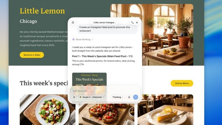 رابط کاربری Meta AI در حال تولید پست اینستاگرامی برای رستوران Little Lemon، روی صفحهای شامل تصاویر غذا و محیط رستوران.