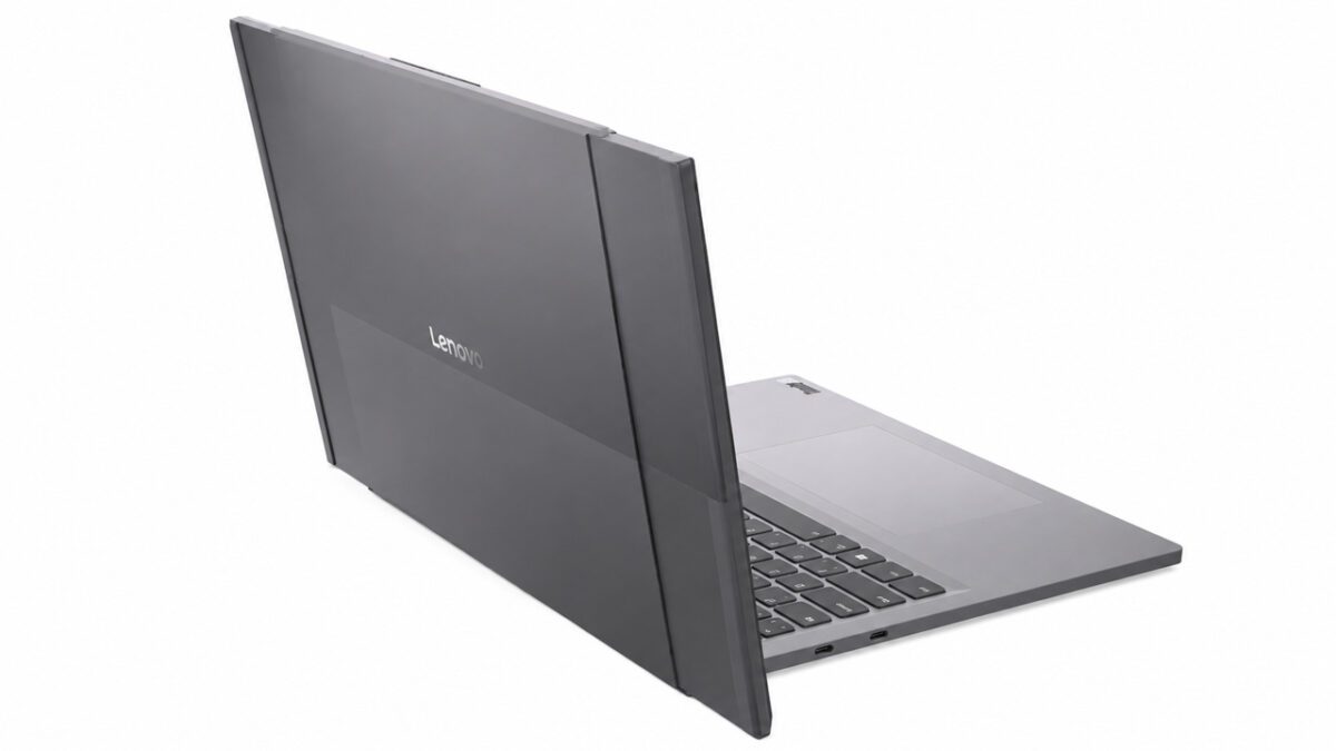 نمای پشت لپ‌تاپ رول‌شونده Lenovo Project Swan با طراحی ویژه قاب و سازوکار نمایشگر گسترش‌پذیر