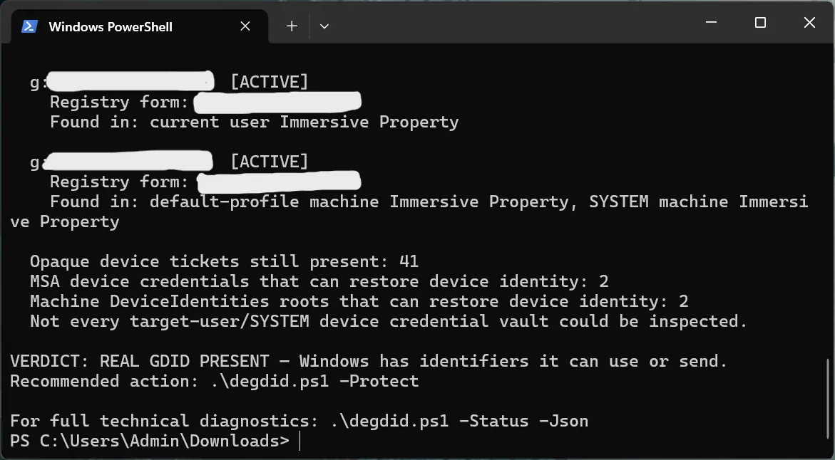 تصویر رابط تیره ویندوز پاورشل با خروجی تشخیصی degdid.ps1، شامل Windows 11 25H2 و وضعیت ثبت دستگاه
