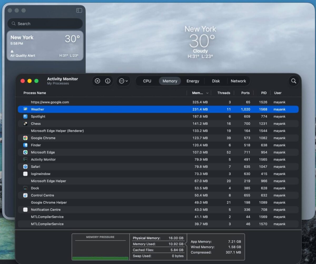 پنجره مدیریت فعالیت Activity Monitor در مکاواس با تمرکز بر مصرف ۲۳۱٫۴ مگابایتی حافظه رم توسط برنامه Weather و ویجت آب و هوای نیویورک در پسزمینه