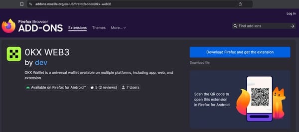 صفحه افزونههای فایرفاکس برای افزونه «OKX WEB3 by dev»؛ صفحه توضیحاتی درباره کیف پول OKX، امتیاز کاربران، تعداد کاربران و گزینه دانلود فایرفاکس و دریافت افزونه را نشان میدهد.