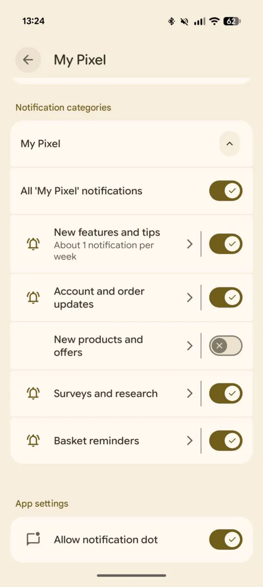 صفحه تنظیمات اپ My Pixel روی گوشی اندرویدی، با بخش Notification categories و گزینههایی مانند New features and tips، Account and order updates و Basket reminders.