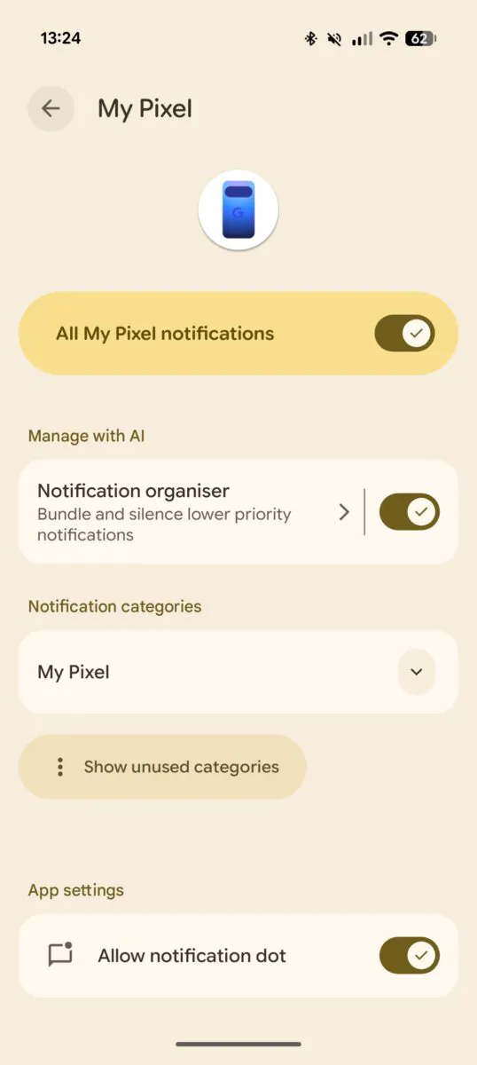 صفحه تنظیمات اپ My Pixel روی گوشی اندرویدی، با بخش Notification categories و گزینههایی مانند New features and tips، Account and order updates و Basket reminders.