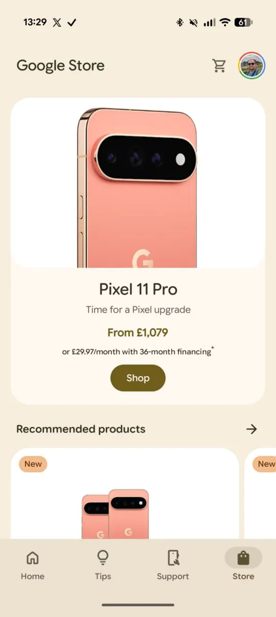 صفحه فروشگاه Google Store برای Pixel 11 Pro با تصویر گوشی صورتی، قیمت شروع از £1,079 و دکمه Shop، همراه با بخش محصولات پیشنهادی در پایین.