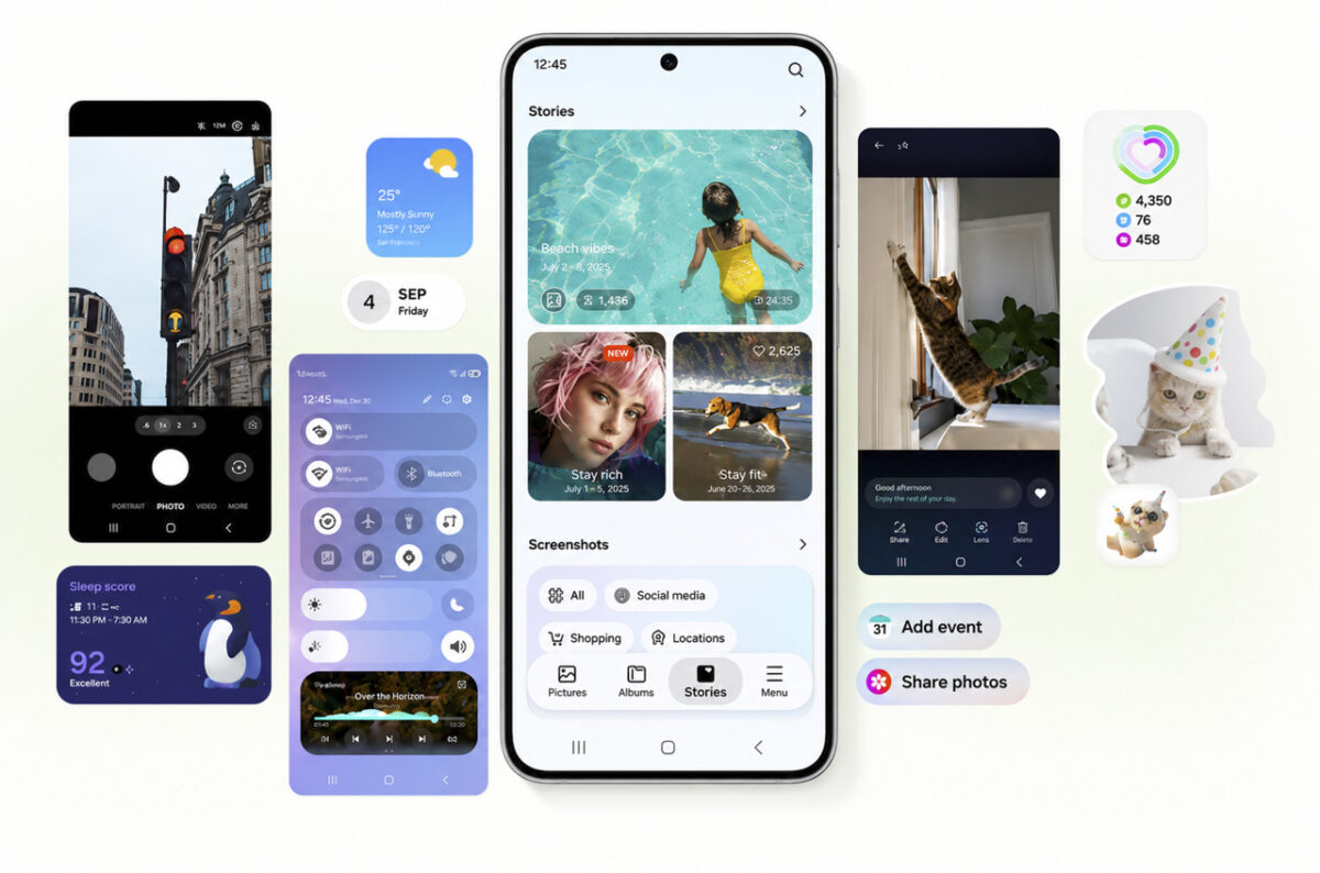 نمایش رابط کاربری One UI 9 و قابلیتهای هوشمند گلکسی S26 FE در بخش دوربین، گالری، باتری و ابزارهای روزمره