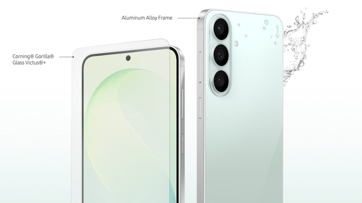 نمای جلو و پشت سامسونگ گلکسی S26 FE با فریم آلومینیومی و محافظ نمایشگر Gorilla Glass Victus+