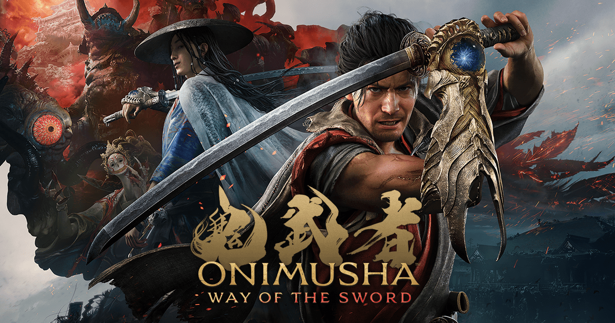 تصویر تبلیغاتی بازی Onimusha: Way of the Sword با یک سامورایی مسلح به کاتانا در مرکز، شخصیت زنی سامورایی در پشت سر او و موجودات اهریمنی در پسزمینه؛ عنوان بازی با حروف طلایی در پایین تصویر قرار دارد.