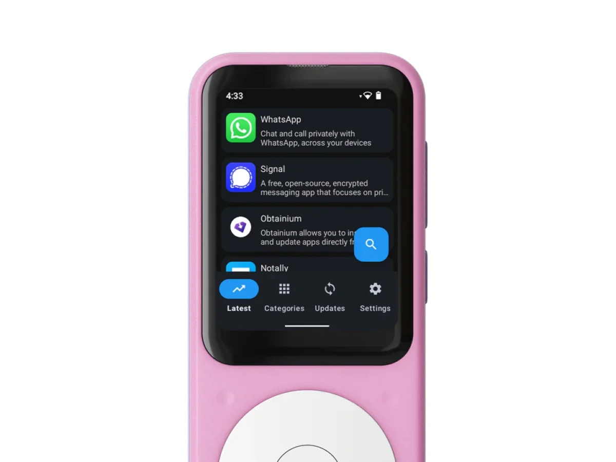 گوشی Sidephone SP-01 با قاب صورتی و نمایش برنامه‌هایی مانند واتساپ و سیگنال روی صفحه‌نمایش

