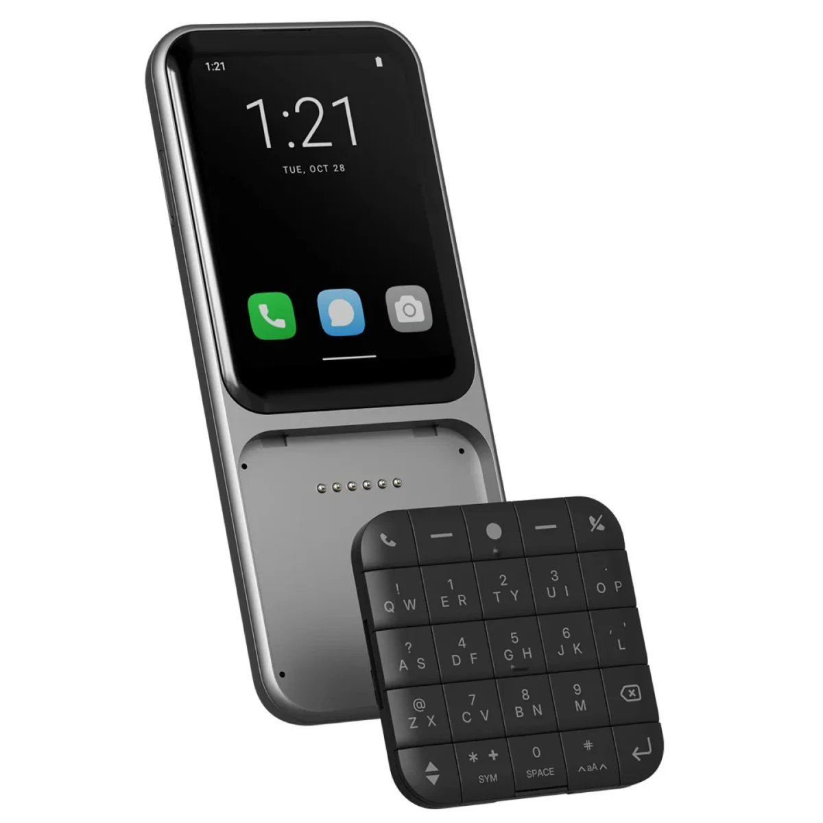 گوشی ماژولار Sidephone SP-01 با صفحه‌کلید QWERTY جداشده در کنار بدنه دستگاه