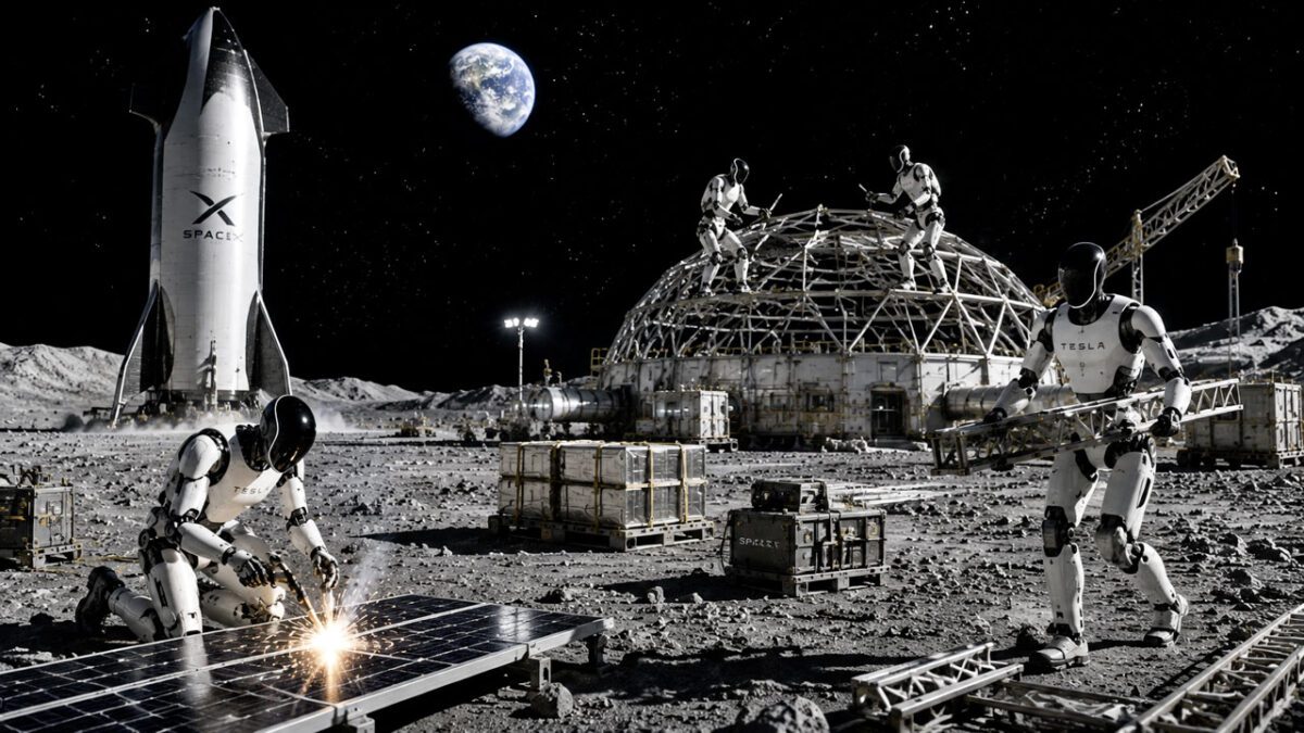 رباتهای انساننمای Optimus در حال ساخت پایگاه ماه با جوشکاری پنل خورشیدی، مونتاژ سازه گنبدی و حضور فضاپیمای استارشیپ اسپیسایکس