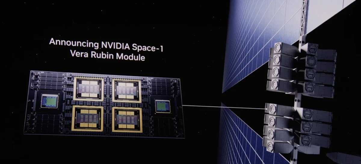 اسلاید رونمایی ماژول فضایی انویدیا مدل NVIDIA Space-1 Vera Rubin با اتصال بورد پردازشی به پنل‌های ساختار ماهواره در فضا.