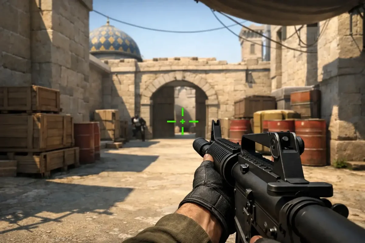 تصویر زاویه دید اول شخص (FPS) از گیم‌پلی یک بازی تیراندازی در فضایی شبیه به نقشه Dust II بازی کانتر استرایک، در حالی که اسلحه M4 در دست بازیکن قرار دارد و یک نشانه هدف‌گیری سبز‌رنگ (Crosshair) در مرکز تصویر دیده می‌شود.