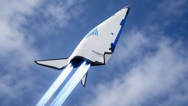 رندر مفهومی هواپیمای عمودپرواز راکتی شرکت New Frontier Aerospace در حال اوجگیری با خروج شعلههای آبی از موتورهای راکتی.