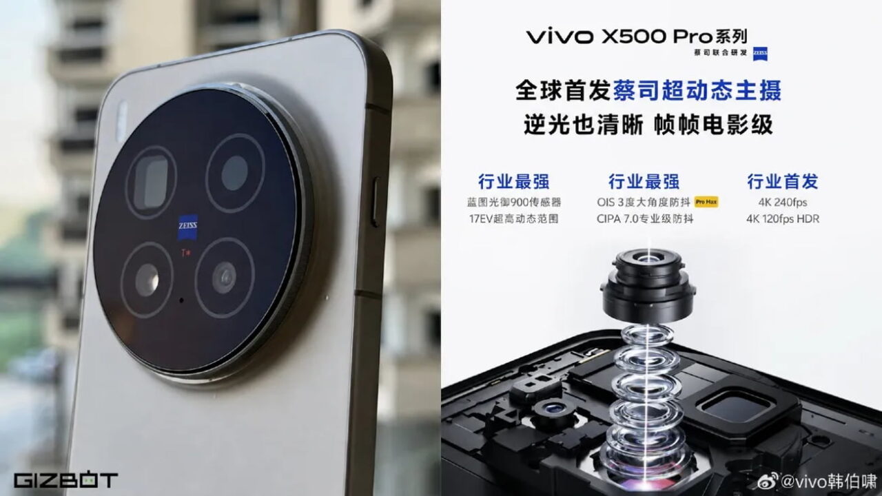 اسلاید معرفی گوشی vivo X500 Pro با نمایش ماژول دوربین دایرهای مجهز به لنزهای Zeiss T* و دیاگرام تفکیکشده لایههای لنز دوربین.