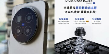 اسلاید معرفی گوشی vivo X500 Pro با نمایش ماژول دوربین دایرهای مجهز به لنزهای Zeiss T* و دیاگرام تفکیکشده لایههای لنز دوربین.