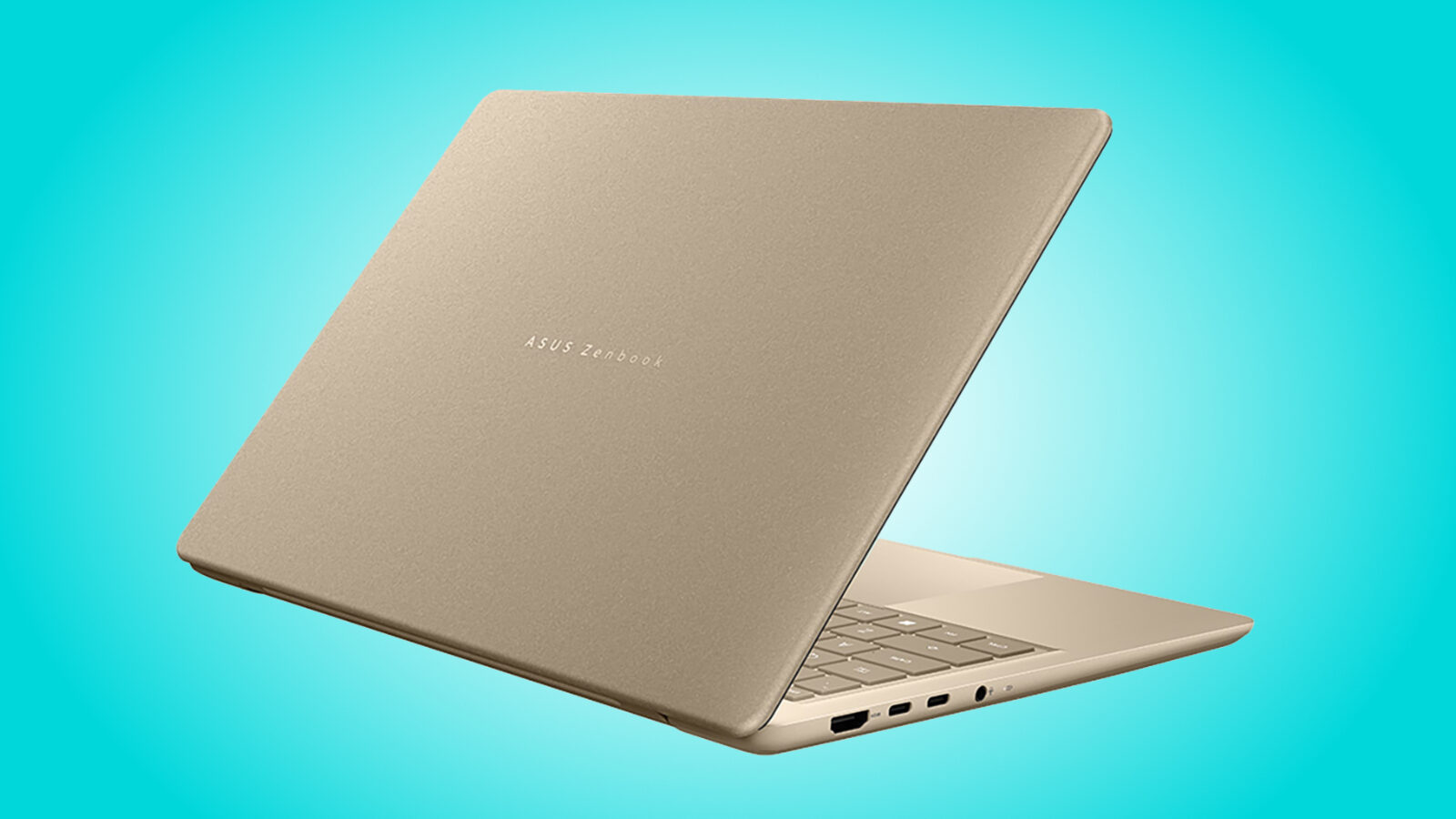 نمای مایل از پشت درپوش بژ مات لپتاپ ایسوس زنبوک با لوگوی متنی ASUS Zenbook در پسزمینهای به رنگ آبی فیروزهای.
