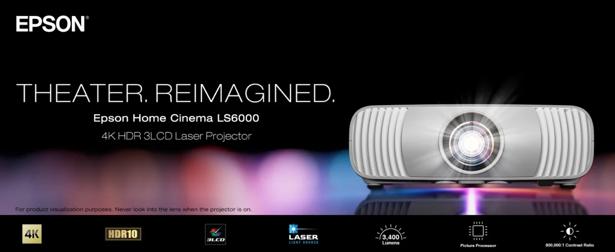 تصویر تبلیغاتی پروژکتور لیزری اپسون مدل Home Cinema LS6000 با وضوح 4K HDR، روشنایی ارتقایافتهی ۳۴۰۰ لومن و پردازشگر تصویر اختصاصی.