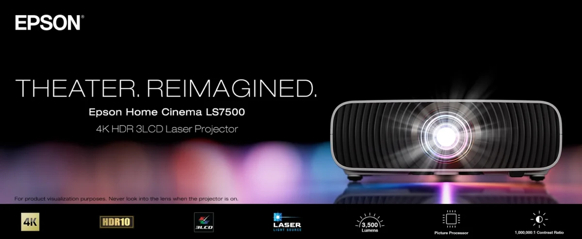 پوستر معرفی پروژکتور سینمای خانگی ردهبالای اپسون مدل Home Cinema LS7500 با لنز لیزری قدرتمند، روشنایی ۳۵۰۰ لومن و نسبت کنتراست ۱,۰۰۰,۰۰۰ به ۱ روی پسزمینه مشکی.